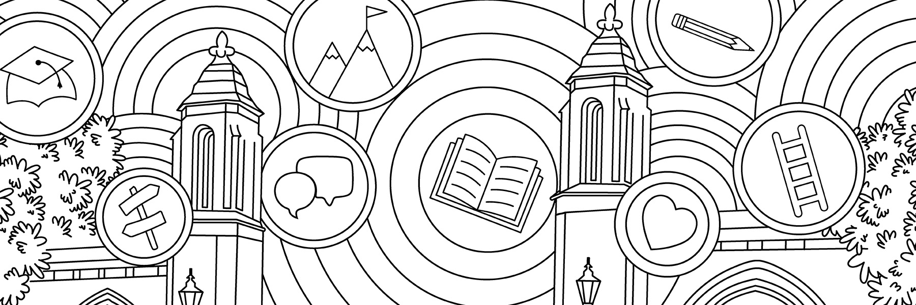 Campus illustrations from the cover of the Walter Center's career planning guide