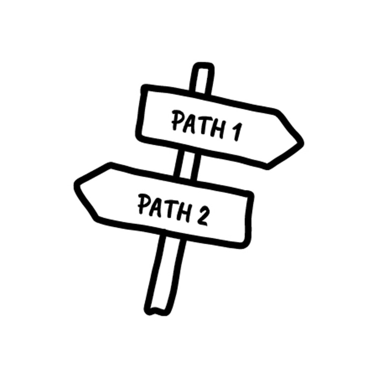 Road sign with "path 1" and "path 2" pointing in opposite directions
