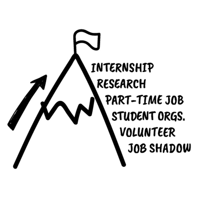 Infographic with an arrow pointing up the side of a mountain with words like "internship," "research," and "volunteer" ascending up the other side.
